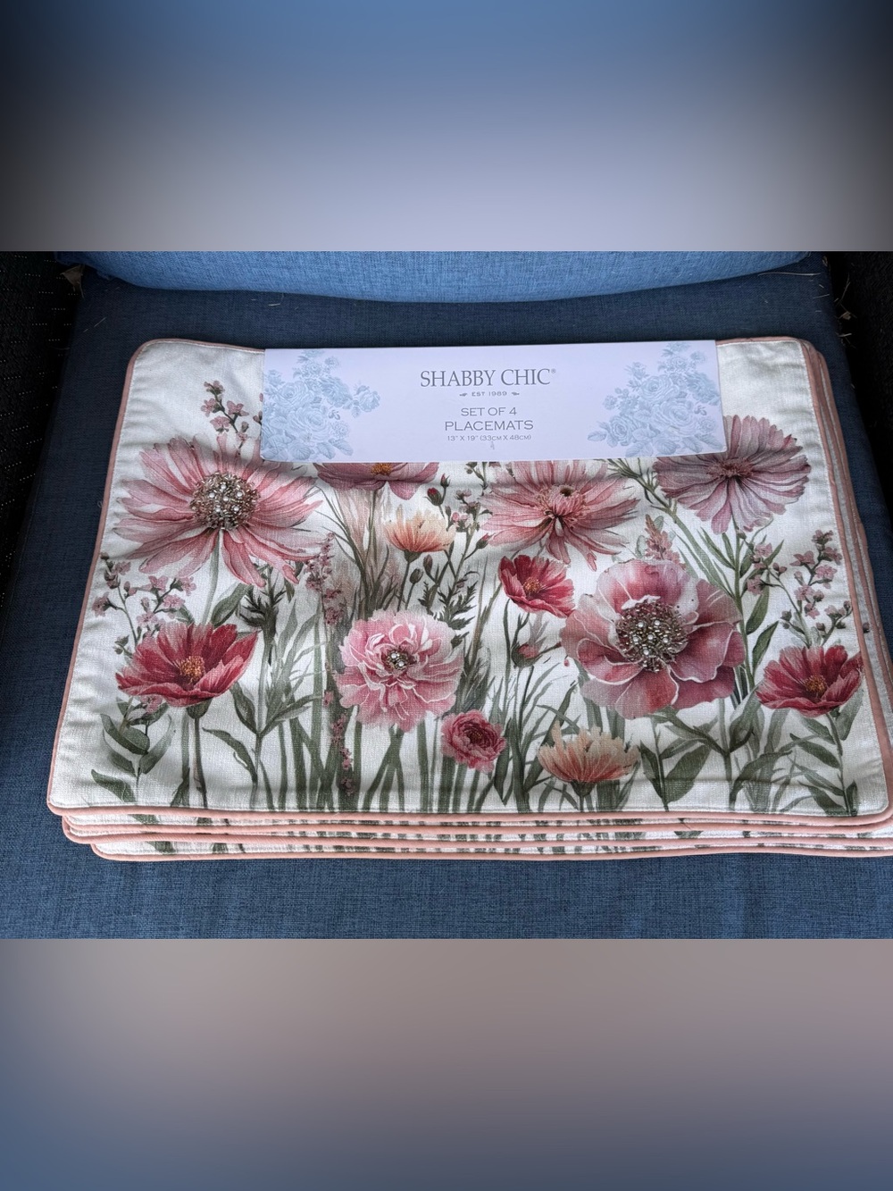 Shabby Chic Pink Floral Placemat Set with Rhinestone Beading- Set of 4